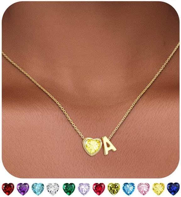 Valentines Day Gifts for Her- Heart Birthstone Initial Necklace for Women Girls,14K Gold Plated Heart Letter A-Z Necklace Birthday Trendy Jewelry Gifts for Women Girls Daughter