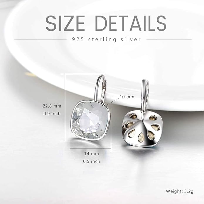 AOBOCO Sterling Silver Leverback Earrings Embellished with Crystals from Austria, Hypoallergenic Cushion Cut Square Crystal Earrings, Fine Anniversary Birthday Jewelry Gifts for Women