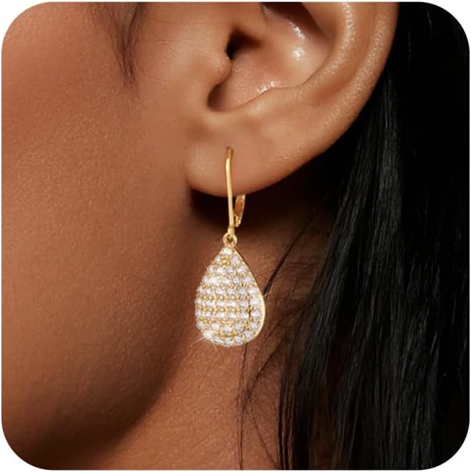 ALEXCRAFT 925 Sterling Silver Dangle Earrings, 14K Gold Plated Heart Waterdrop Earring for Women Trendy Hypoallergenic Leverback Earings Wedding Cubic Zirconia Dangle Earrings Jewelry for Women