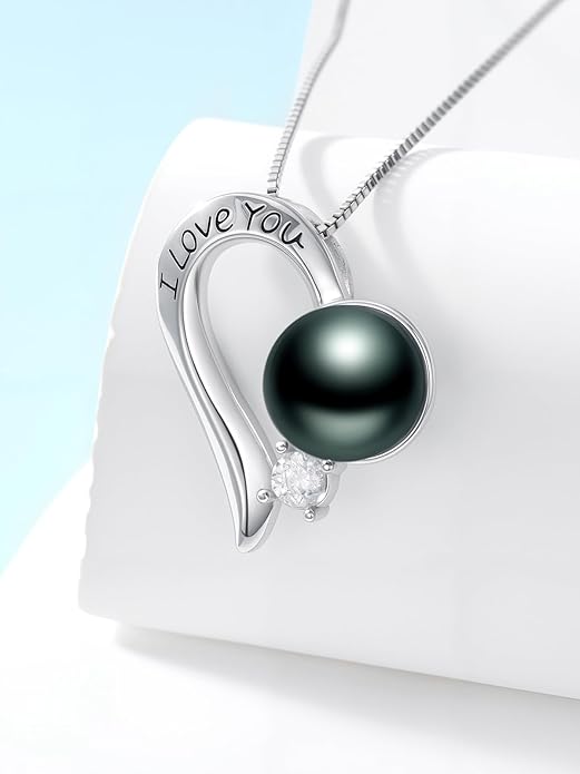 Tahitian Black Pearl 18K White Gold Plated Sterling Silver Heart/Infinity/Four Leaf Clover Pendant Necklace Jewelry Gifts for Women Wife Mom Girlfriend Wedding Birthday Anniversary Christmas