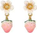 Pink Strawberry Flower Drop Earrings - Cute Enamel Fruit & Floral Stud Drop Earrings for Women, 18K Gold Plated Dainty Aesthetic Jewelry