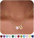 Valentines Day Gifts for Her- Heart Birthstone Initial Necklace for Women Girls,14K Gold Plated Heart Letter A-Z Necklace Birthday Trendy Jewelry Gifts for Women Girls Daughter