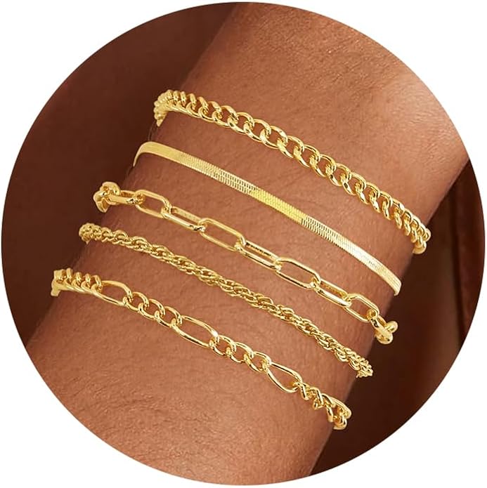 VIBILIA Dainty Gold Chain Bracelet for Women Trendy Stackable Adjustable Layered Metal Bracelet Gold Plated Twist Link Figaro Chain Paperclip Bracelets Fashion Jewelry