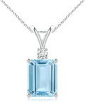 Angara Natural Aquamarine Solitaire Pendant for Women | Emerald-Cut Aquamarine Pendant with Diamond in 14K Solid Gold/Silver/Platinum With 18" Chain | March Birthday, Gemstone Jewelry Gift