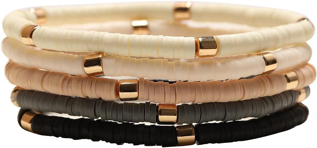 GOOJIDS Surfer Heishi Clay Bead Bracelets for Women Bohemian Stackable Gold Plated Beaded Stretch Bracelets Elastic Layering Friendship Bracelets Set Boho Jewelry