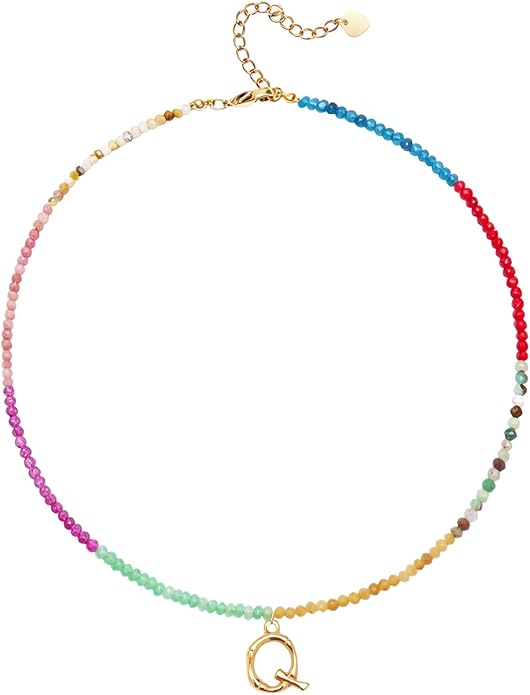 Beaded Initial Necklace for Women, Boho Natural Stone Semi-Precious Stone 18K Gold Plated Letter Pendant Rainbow Colorful Trendy Alphabet Dainty Choker Jewelry for Women Summer Beach Party