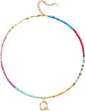 Beaded Initial Necklace for Women, Boho Natural Stone Semi-Precious Stone 18K Gold Plated Letter Pendant Rainbow Colorful Trendy Alphabet Dainty Choker Jewelry for Women Summer Beach Party