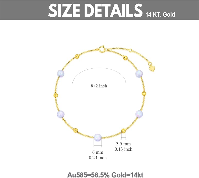 14K Gold Opal Anklet for Women Yellow Gold Turquoise Black Onyx Ankle Bracelet Foot Jewelry for Her, 8''-10''