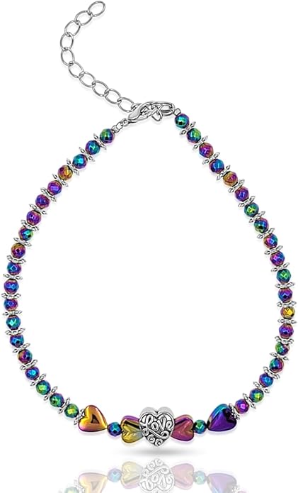 BESHEEK Rainbow Anklet Bracelet Hue Twisted Hematite and Round Artisan Beaded Anklet with Extension Handmade Hypoallergenic Beach Gala Wedding Style Jewelry