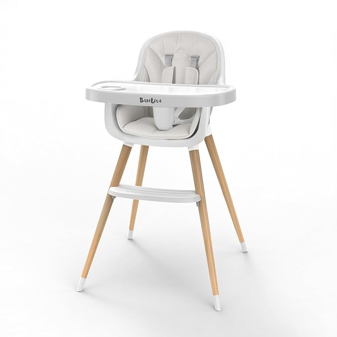 Baby High Chair, Wooden Highchair with Removable Tray, Adjustable Legs, Cushion, 5-Point Harness and Footrest for Infants, Baby, Toddlers, Gray