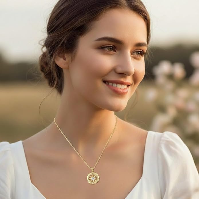 Compass Necklace for Women Wife Girlfriend Mom Daughter Gifts S925 Sterling Silver Jewelry For Anniversary Rose Gold Gifts For Birthday Christmas Mothers Valentines Day 12 Birthstones