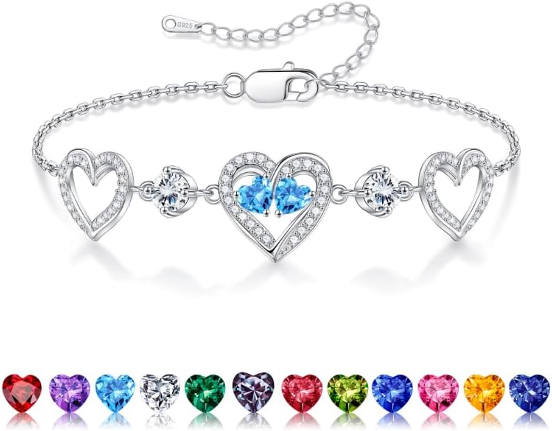 Iefil Valentines Day Gifts for Her - 925 Sterling Silver Heart Birthstone Bracelet Birthday Anniversary Jewelry Gifts for Her Wife
