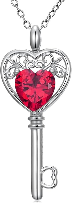WSX Heart Key Birthstone Necklace for Women 925 Sterling Silver Love Key Pendant with Birthstone Valentine's Day Anniversary Jewelry Gift for Her