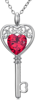 WSX Heart Key Birthstone Necklace for Women 925 Sterling Silver Love Key Pendant with Birthstone Valentine's Day Anniversary Jewelry Gift for Her