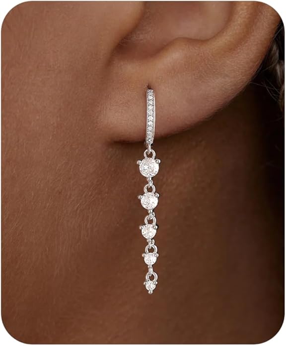 Dangle Earrings For Women Trendy 14K Gold Plated Drop Silver Long Dangling Dainty CZ Simple Hanging Jewelry