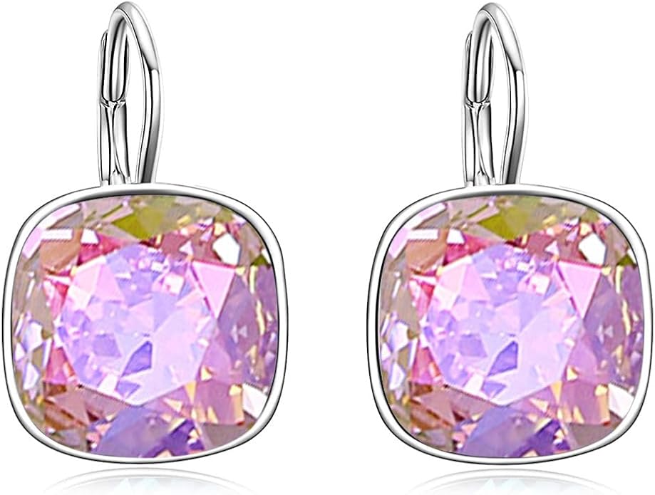 AOBOCO Sterling Silver Leverback Earrings Embellished with Crystals from Austria, Hypoallergenic Cushion Cut Square Crystal Earrings, Fine Anniversary Birthday Jewelry Gifts for Women