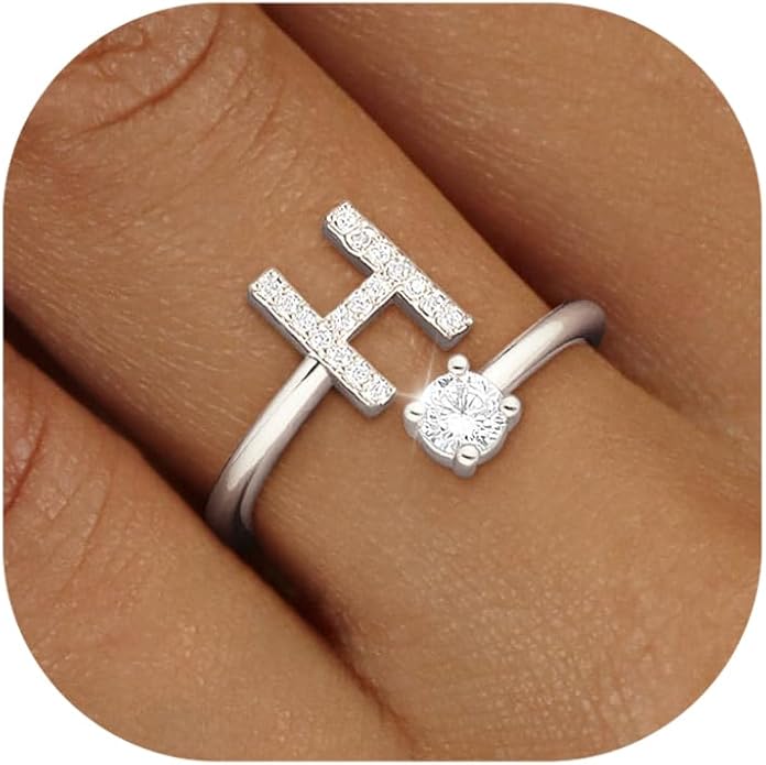 Valentines Day Gifts Gold Silver Initial Rings for Women Non Tarnish Dainty 14k Gold Plated Stackable Rings for Women Trendy Adjustable Letter Cubic Zirconia Pinky Ring Cute Open Birthday Gift Jewelry