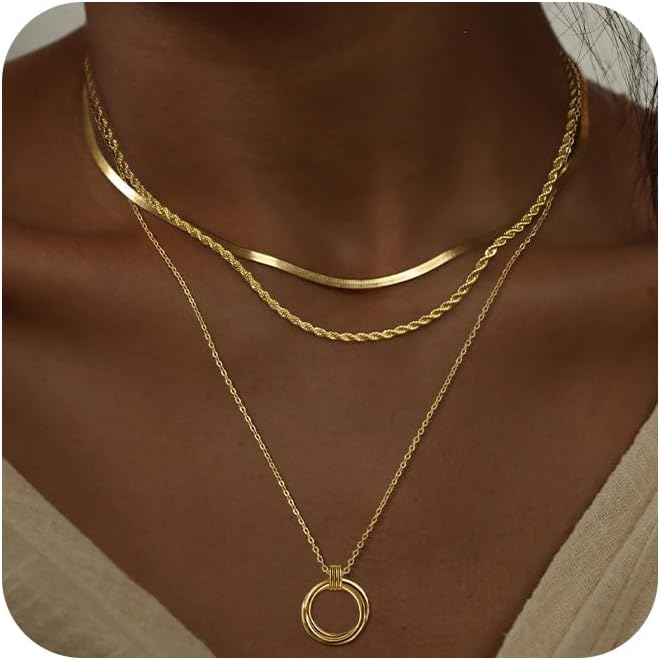NECOCY Valentine's Day Gift 14k Gold/Silver Plated Layered Gold Necklaces for Women, 3Pcs Dainty Herringbone Choker Set, Trendy Stack Simple Chain Layering Pendant Jewelry
