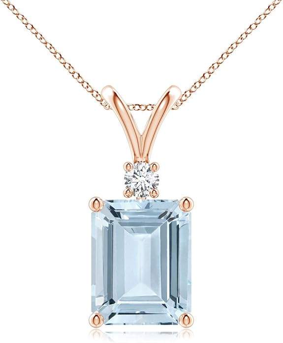 Angara Natural Aquamarine Solitaire Pendant for Women | Emerald-Cut Aquamarine Pendant with Diamond in 14K Solid Gold/Silver/Platinum With 18" Chain | March Birthday, Gemstone Jewelry Gift