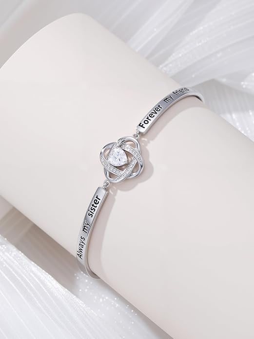 Valentines Day Gifts for Her, 18k White Gold Plated Love Knot Bracelets, Engraved Inspirational and Sentiment Bangle, Anniversary Birthday Jewelry Gift for Lover Wife Girlfriend Sister Friends