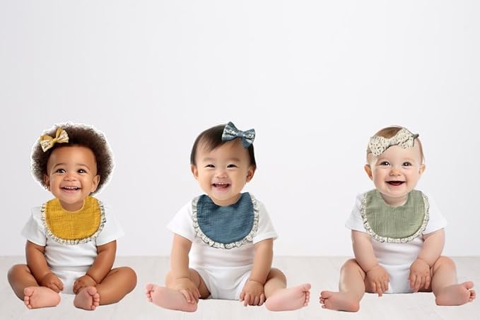 Baby Girl Gift Set, Muslin BoHo Bib with Lace and Matching Bows, Absorbent Cotton Adjustable Bib for Newborn Infant Toddler