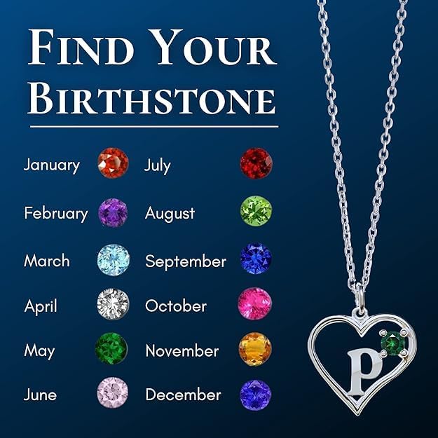 Silver Sterling Necklace Initial Letter A-Z Birthstone for Women – Personalized Custom Jewelry Pendant with Heart Design Customized Dainty Charm for Wife Girlfriend Mom – 18" Box Chain