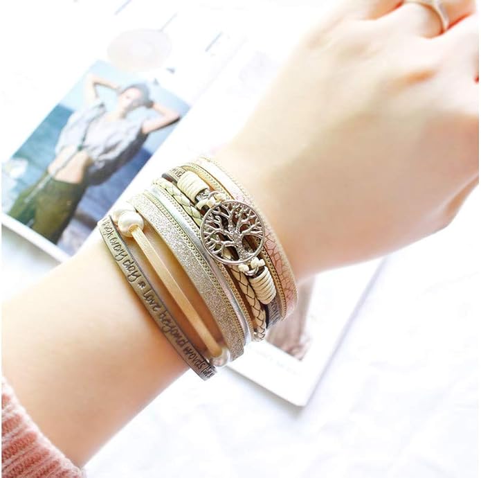 Fesciory Leopard Bracelet for Women, Boho Leather Wrap Multi-Layer Pearl Crystal Bracelet Bangle Jewelry