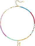 Beaded Initial Necklace for Women, Boho Natural Stone Semi-Precious Stone 18K Gold Plated Letter Pendant Rainbow Colorful Trendy Alphabet Dainty Choker Jewelry for Women Summer Beach Party