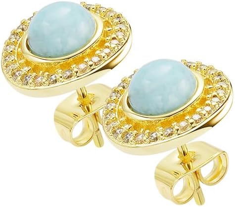 Larimar Stone Stud Earrings for Women, Gold Plated Brass