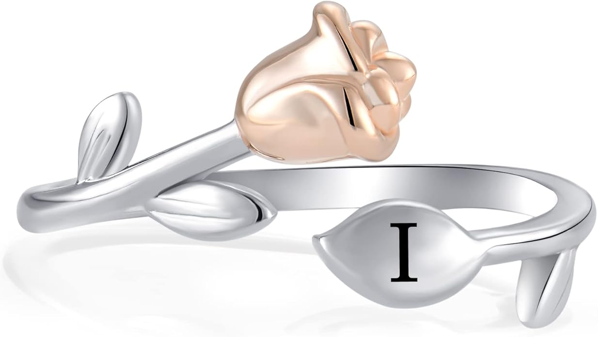 STARCHENIE Rose Initial Ring for Women 925 Sterling Silver Letters A-Z 26 Alphabet Adjustable Ring Size 7
