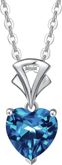 Agvana Valentines Day Gifts 14K White Gold Gemstone Pendant with Sterling Silver Chain 8mm Heart Birthstone Necklace for Women Fine Jewelry Anniversary Birthday Gifts for Women Mom Wife Girlfriend Her