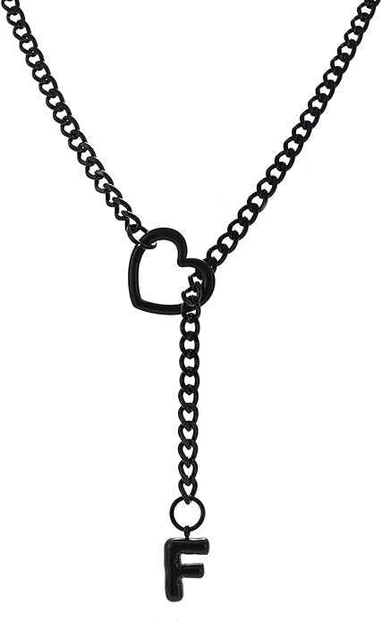Black Heart Slip Chain Initial Necklaces for Women,Stainless Steel O-Ring Adjustable Lariat Heart Y-Necklace,Punk Gothic Cuban Collar Choker Necklace for women
