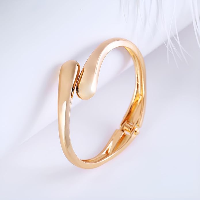 Golden Polished Chunky Twisted Hinged Waterdrop Bangle Bracelet for Women Spiraled Oval Bangle Bracelet