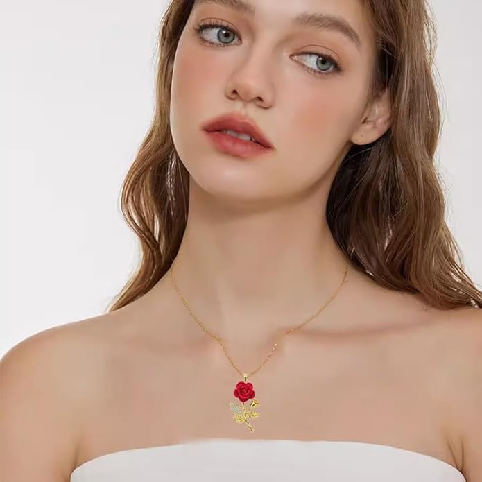 ONLYJUMP Rose Alloy Necklace for Women Heart Pendant Copper Zircon Light Luxury Fashion Jewelry Dainty Romantic Statement Necklace for Daily Wear Ideal Valentine's Day Anniversary Birthday Gift