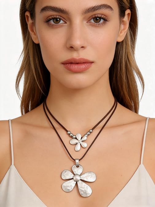 Boho Necklaces for Women Chunky Circle Necklace Layered Boho Circle Leather Choker Necklace Long Vintage Necklaces Bohemian Jewlery Gifts