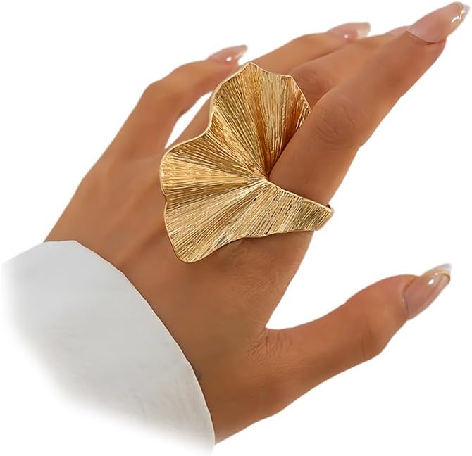 Chunky Gold Geometric Flower Knuckle Ring for Women Vintage Ginkgo Leaf Fan Shaped Finger Rings Boho Large Statement Jewelry Floral Petal Accessories