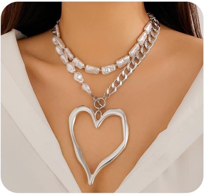 Chunky Gold Heart Necklace for Women,Y2K Big Heart Statement Necklace Long Puffy Hearts Chain Charm Necklaces Trendy Jewerly