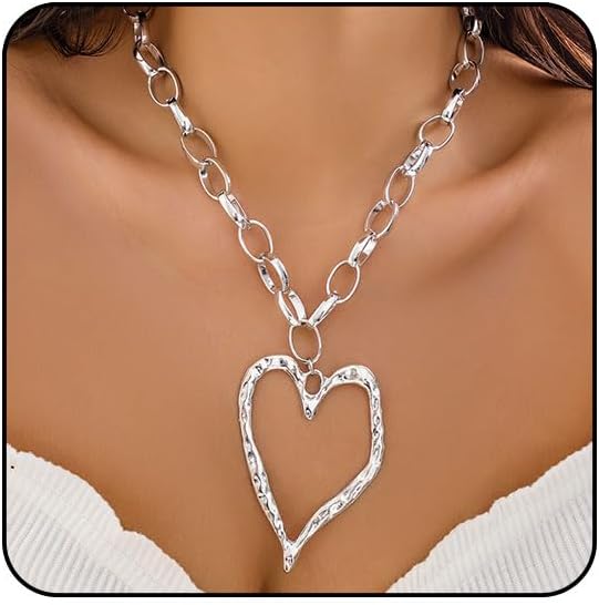 Chunky Gold Necklace Big Heart Necklace for Women Silver Large Statement Necklaces Thick Bold Chain Puffy Love Heart Charm Necklaces for Women with OT Toggle Silver Chunky Gold Jewelry Trendy Valentine's Day Gift