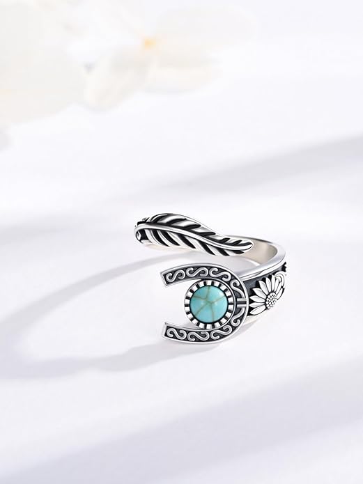 Turquoise/Moss Agate/Moonstone/Black Onyx/Lapis Lazuli/Labradorite/Tiger Eye Feather Ring 925 Sterling Silver Adjustable Ring Western Thumb Rings Vintage Jewelry Gifts for Women