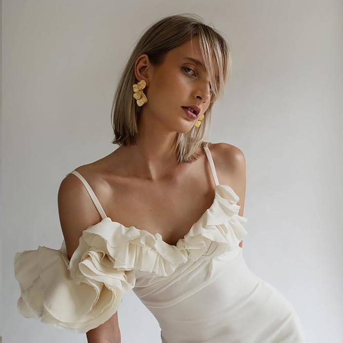 Chunky Gold Statement Earrings For Women Gold Plated Sectored Flower Leaf Shell Angel Wing Earrings Trendy Boho Jewelry For Women Large Stud Earrings Hypoallergenic Earrings