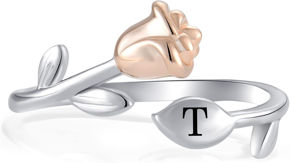 STARCHENIE Rose Initial Ring for Women 925 Sterling Silver Letters A-Z 26 Alphabet Adjustable Ring Size 7