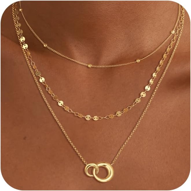 NECOCY Valentine's Day Gift 14k Gold/Silver Plated Layered Gold Necklaces for Women, 3Pcs Dainty Herringbone Choker Set, Trendy Stack Simple Chain Layering Pendant Jewelry