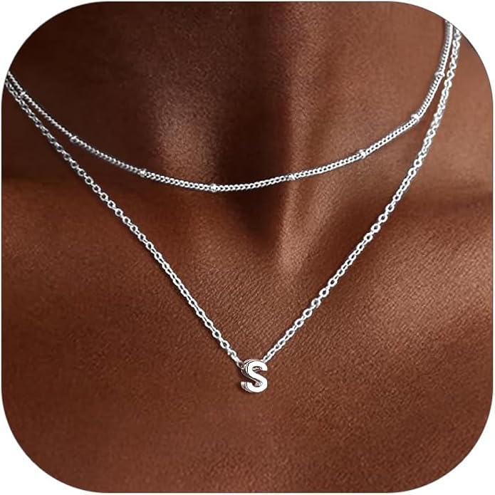 ChicSilver Layered Initial Necklace for Women, 925 Sterling Silver Personalized Letter A-Z Pendant Necklaces, Hypoallergenic Silver Choker with Adjustable 16" Rolo Chain, Dainty Birthday jewelry