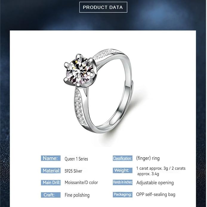 1CT/2CT Queen series moissanite ring, 952 silver, D-color VVS1-2,open rings,adjustable rings for women，Diamond ring substitute, ring for women.