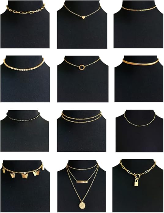 12pcs Chain Gold Bead Necklace Coin Moon Star Pearl Pendant Chain Choker Multilayer Necklace Leather Cord Set for Women Men Adjustable Gold Tone