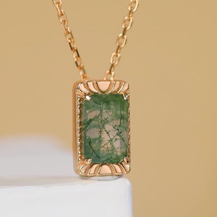 14K Gold Geometric Teardrop Moss Agate Pendant, Vintage Style Collarbone Necklace, Artisan-Crafted Fine Jewelry for Everyday Wear