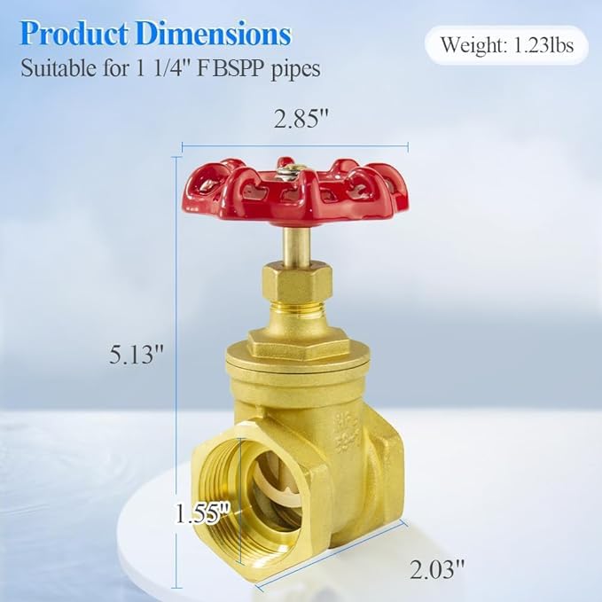 WiseWater Brass Gate Valve, 1 1/4" BSPP Rotating Sluice Valve Two-way Flow - Image 2