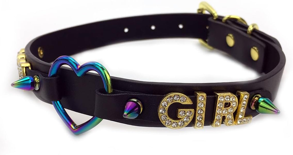 Succuba Handmade Heart Ring Rhinestone Letter Pu Leather Choker Collar Necklace for Women and Men