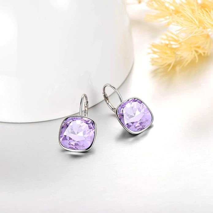 AOBOCO Sterling Silver Leverback Earrings Embellished with Crystals from Austria, Hypoallergenic Cushion Cut Square Crystal Earrings, Fine Anniversary Birthday Jewelry Gifts for Women