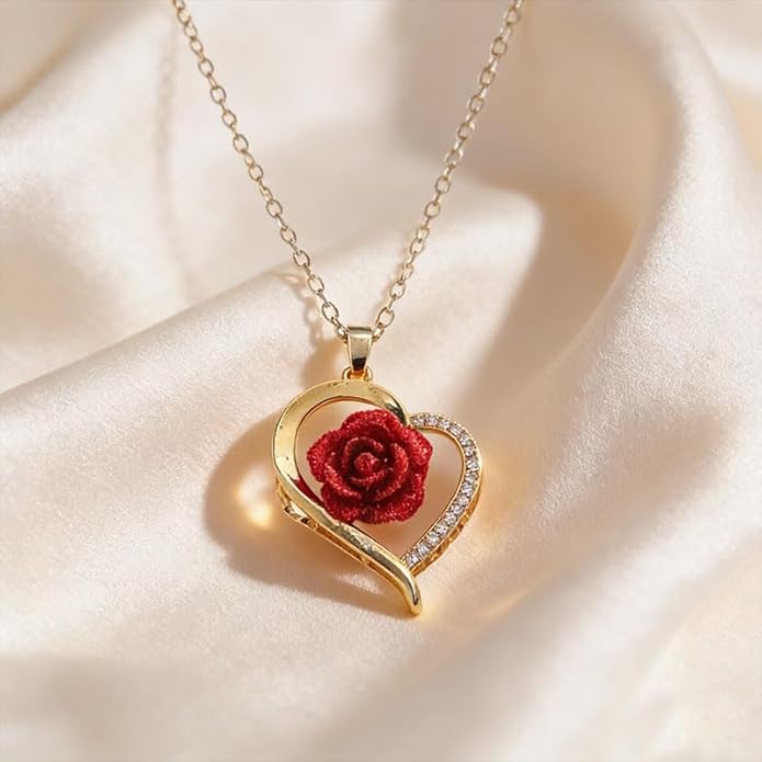 ONLYJUMP Rose Alloy Necklace for Women Heart Pendant Copper Zircon Light Luxury Fashion Jewelry Dainty Romantic Statement Necklace for Daily Wear Ideal Valentine's Day Anniversary Birthday Gift